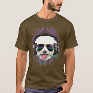 Camiseta Music Bichon Frise Dj Com Fones de ouvido Musical