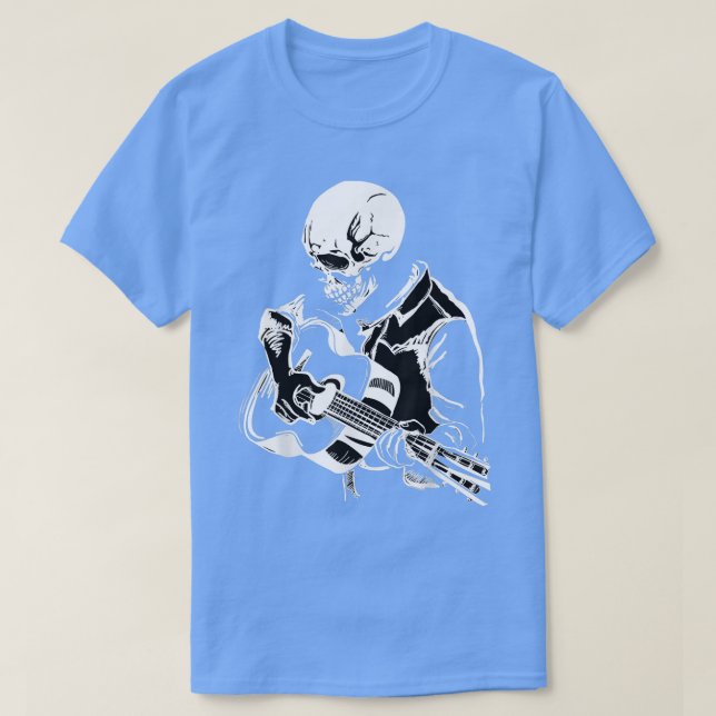 Camiseta Música Acústica Rock Skeleton Head Tocando Violão  (Frente do Design)