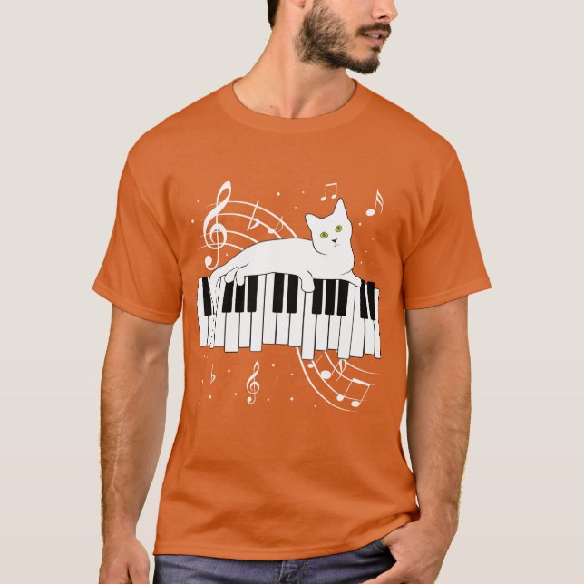 Camiseta Música Cat Tocando Na Família Piano Musical Musica (Frente)