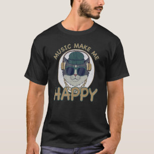 Camiseta Música de Gato Me Faz Feliz Retro Gato Legal Ouvin