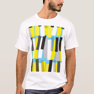 Camiseta Música de jazz, padrão geométrico azul-amarelo.
