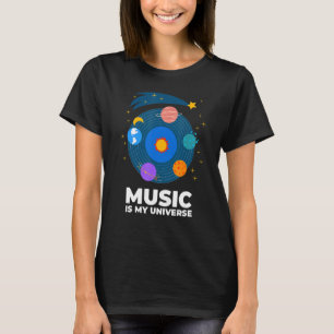 Camiseta Música É Meu Universo Com Planetas Em Órbitas Em V