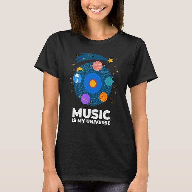 Camiseta Música É Meu Universo Com Planetas Em Órbitas Em V (Frente)