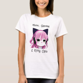 Camiseta Música, Jogos e Gatinhos | Menina de anime