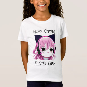 Camiseta Música, Jogos e Gatinhos   Menina de anime