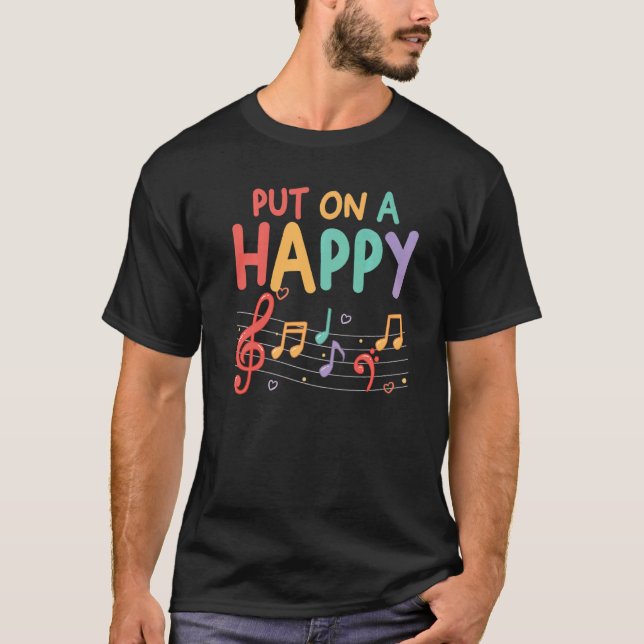 Camiseta Música Musical Notes Colocada Em Um Rosto Feliz (Frente)