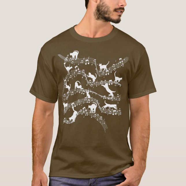 Camiseta Música Notas Músicas Gato Gato Bastão Clássico (Frente)