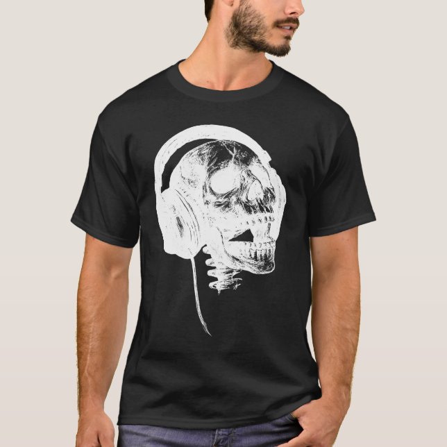 Camiseta Música para sempre cantando crânio branco com Fone (Frente)