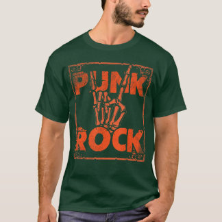 Camiseta Música Punk Rock Esqueleto Sinal de Mão Chifres de