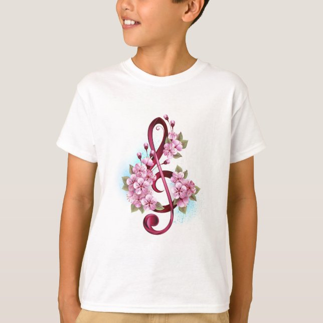Camiseta Musical treble clef notes with Sakura flowers (Frente)