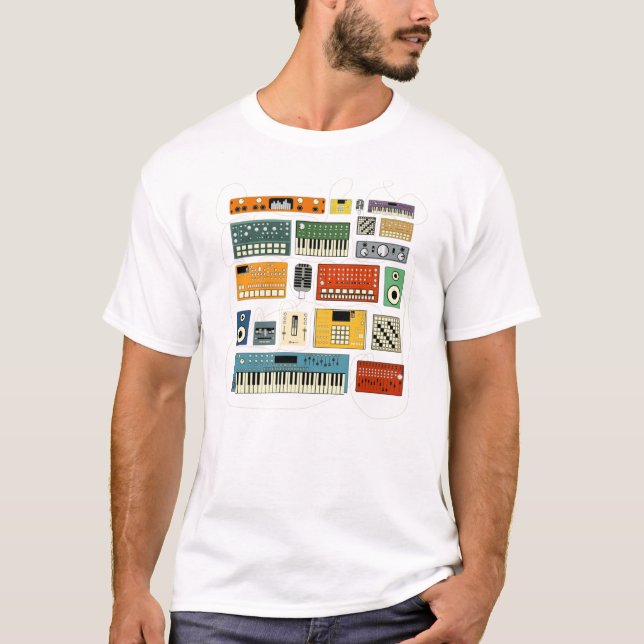 Camiseta Músico eletrônico com sintetizador e barramento de (Frente)