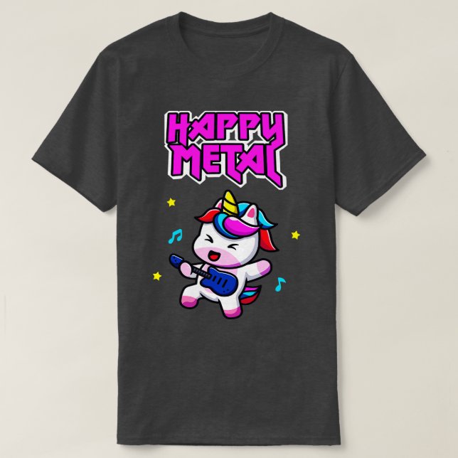 Camiseta Músico Feliz de Metal Unicórnio Engraçado, Engraça (Frente do Design)