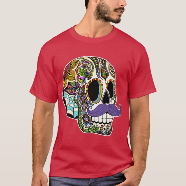 Camiseta Mustache Sugar Skull Color Version (Frente)