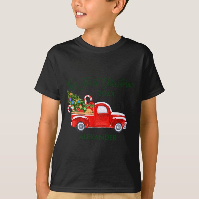 Camiseta My First Christmas Red Truck Candy Canes Gray Baby (Frente)