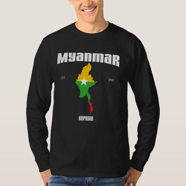 Camiseta Myanmar Flag, Myanmar Map, Dia Nacional da Birmâni (Frente)