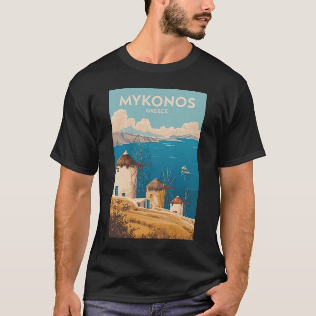 Camiseta Mykonos Grécia Ilustração Arte de Viagem Vintage (Frente)