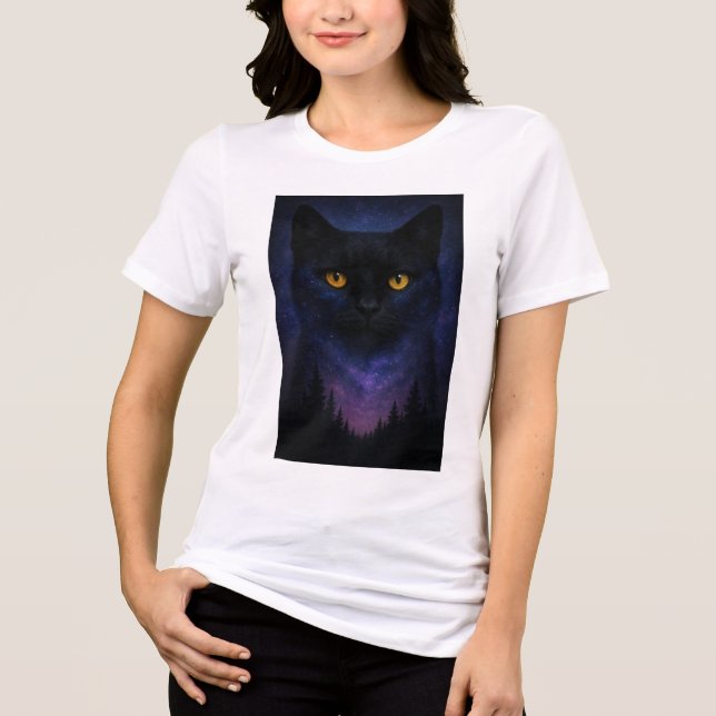 Camiseta Mystic Black Cat Starry Night Forest (Frente)