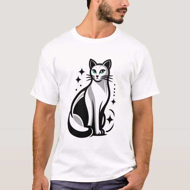 Camiseta Mystical Black and White Cat com olhos verdes (Frente)