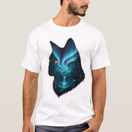 Camiseta Mystical Cat Northern Lights Forest Silhouette 