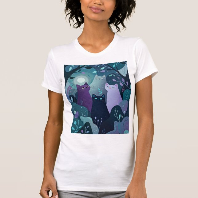 Camiseta Mystical Forest Cats Art Whimsical Night Cat  (Frente)