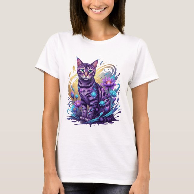 Camiseta Mystical Neon Cat Lotus Art (Frente)
