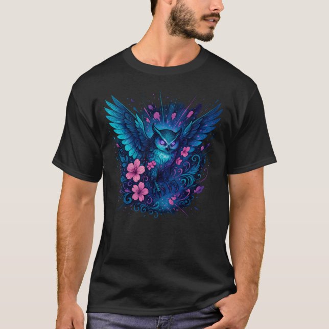 Camiseta Mystical Owl Fantasy Neon Art (Frente)