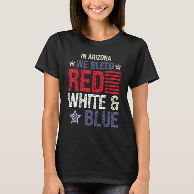 Camiseta Na Arizona, sangramos branco vermelho e azul 4 de  (Frente)