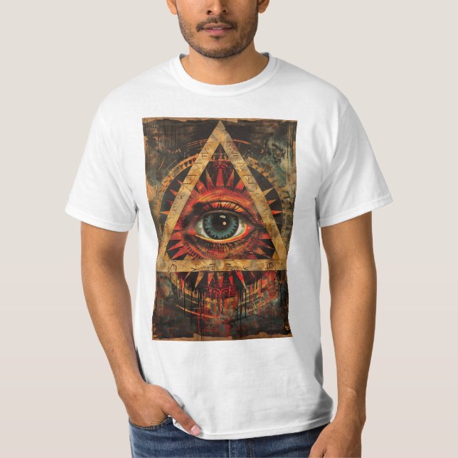 Camiseta na moda com abrasões com o olho que vê tudo (Frente)
