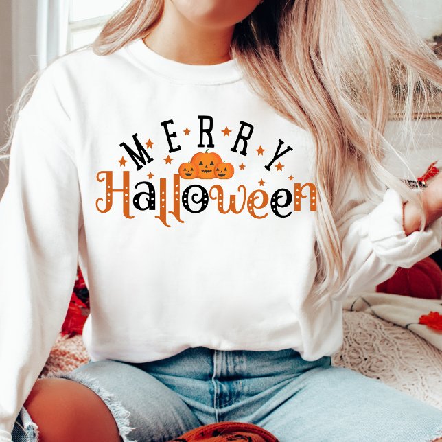 Camiseta Na moda e Trendy Feliz Halloween (Stylish and Trendy Orange and Black Festive 'Merry Halloween' Sweatshirt)