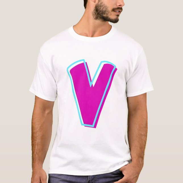 Camiseta Na moda Magenta e Letra Teal V (Frente)