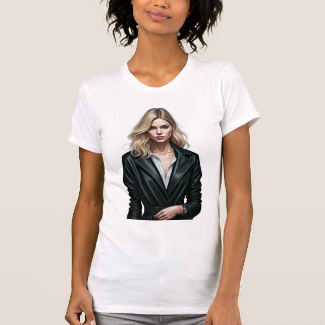 Camiseta Na moda mulher no Casaco de couro preto (Frente)
