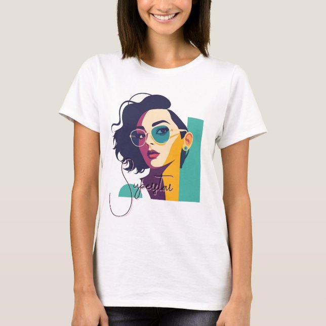 Camiseta Na moda Pop de Arte Mulher com Óculos (Frente)