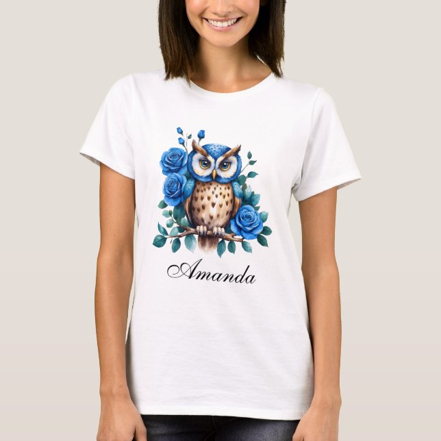 Camiseta Na moda Watercolor Blue Owl e Rosas (Frente)