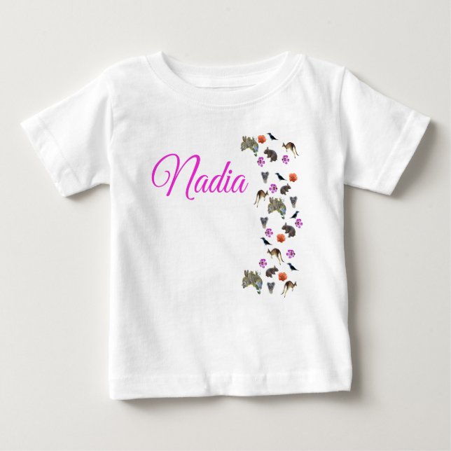 Camiseta Nadia, logotipo com fauna australiana,  (Frente)
