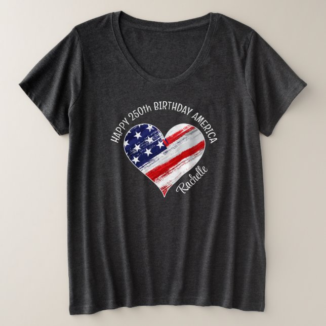 Camiseta Name Happy 250th Birthday America Flag Heart (Frente do Design)