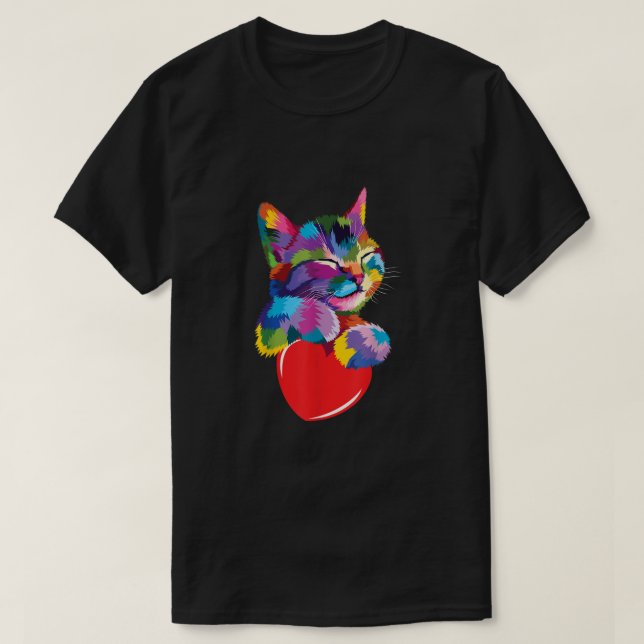 Camiseta Namorados de Abraço de Gato Giro Arco-Íris Gatinho (Frente do Design)
