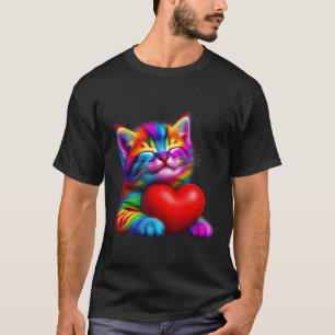 Camiseta Namorados de Abraço de Gato Giro Arco-Íris Gatinho