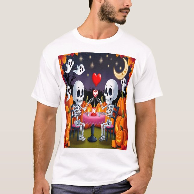 Camiseta Namorados de Halloween de Casal de esqueleto bonit (Frente)