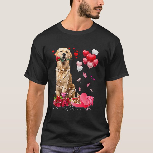 Camiseta Namorados Feliz para Ouro de Retriever Rosa Engraç (Frente)