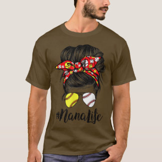 Camiseta Nana Life Messy Bun Hair Softball Mães de Baseball