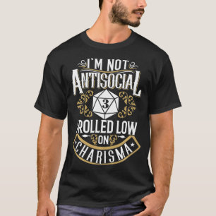 Camiseta Não Antissocial, Baixo Charisma Engraçado Amor RPG