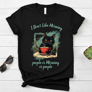 Camiseta Não gosto de manhã, gato bebe café