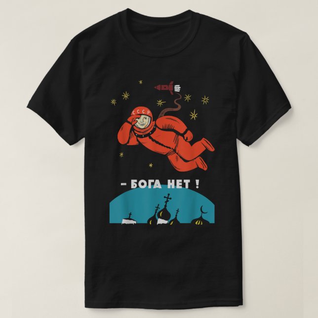 Camiseta Não há Deus Retro Ateísta Yuri Gagarin Space (Frente do Design)