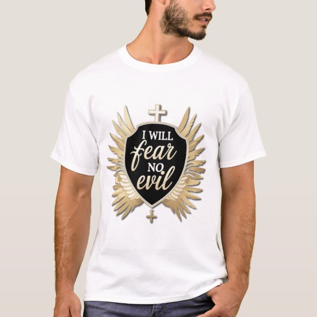 Camiseta Não Recearei Mau - Design de Fé Cristã Negra (Frente)