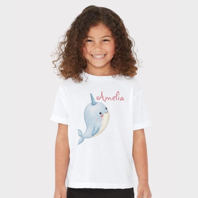 Camiseta Narral Rapariga Adição de Nome Branco Personalizad (Narwhal Girl Birthday Add Name Personalized White T-Shirt)