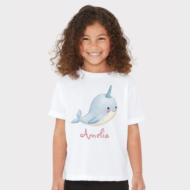 Camiseta Narral Rapariga Adição de Nome Branco Personalizad (Narwhal Girl Birthday Add Name Personalized White T-Shirt)
