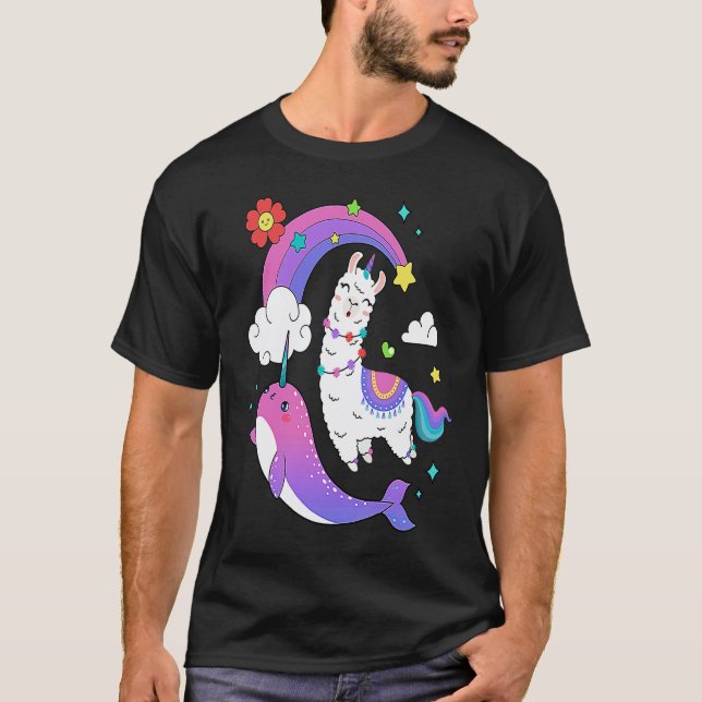 Camiseta Narval E Animal Arco-Íris De Lhama (Frente)