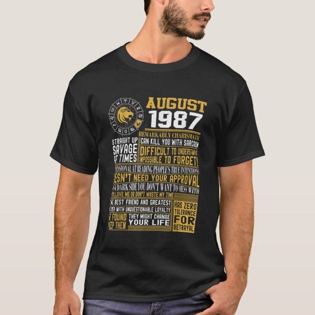 Camiseta Nascer de agosto Leo 1987 33º presente aniversário (Frente)