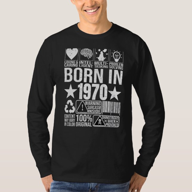 Camiseta Nascer Em 1970 Código de barras do rótulo de aviso (Frente)