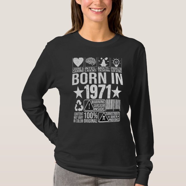 Camiseta Nascer Em 1971 Código de barras do Rótulo de Aviso (Frente)